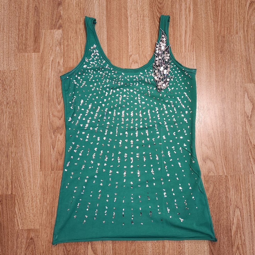 China Doll Cotton Spandex Sequin Tank Top Green Medium Made in U.S.A.